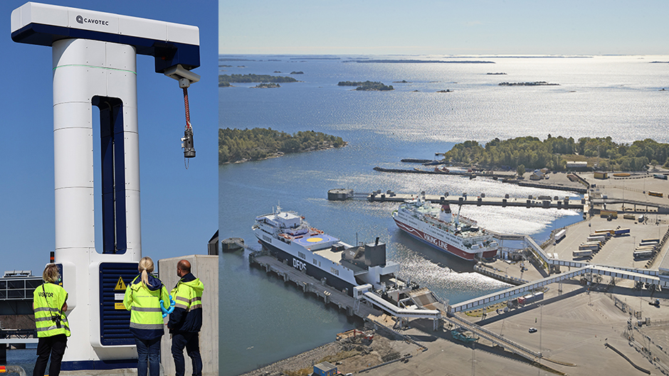 Photo collage with onshore power facility and aerial view of Port of Kapellskär