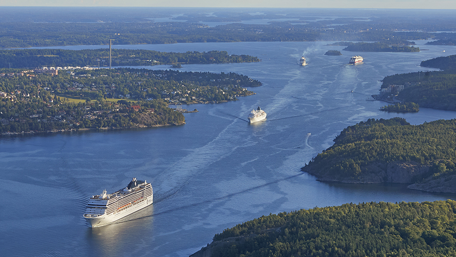 Aerial view of several vessels sailing into Stockholm