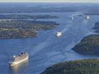 Aerial view of several vessels sailing into Stockholm