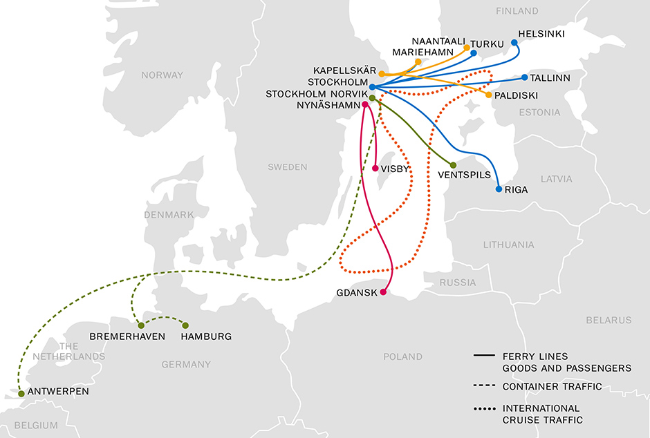 Map of routes to and from Ports of Stockholm